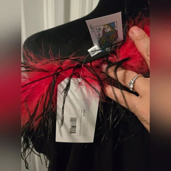 NWT Queen of Sparkles Black and Red Feathered One Arm Top - XS - Picture 4 of 5